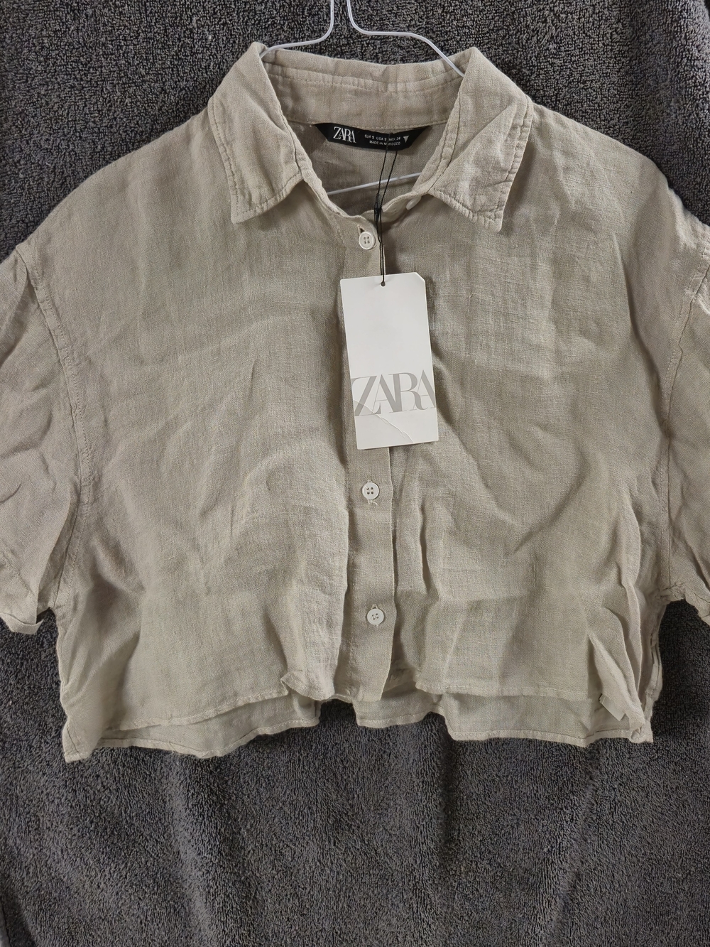 Zara Cropped Button-Up Linen Shirt in Natural Beige